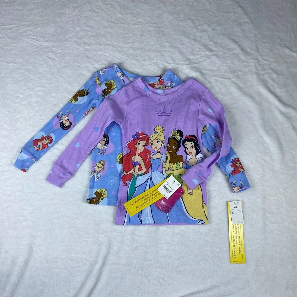 Disney Princess Lot of 2 Pajama Top Girls 4T‎ Purple Cartoon Characters Snug Fit